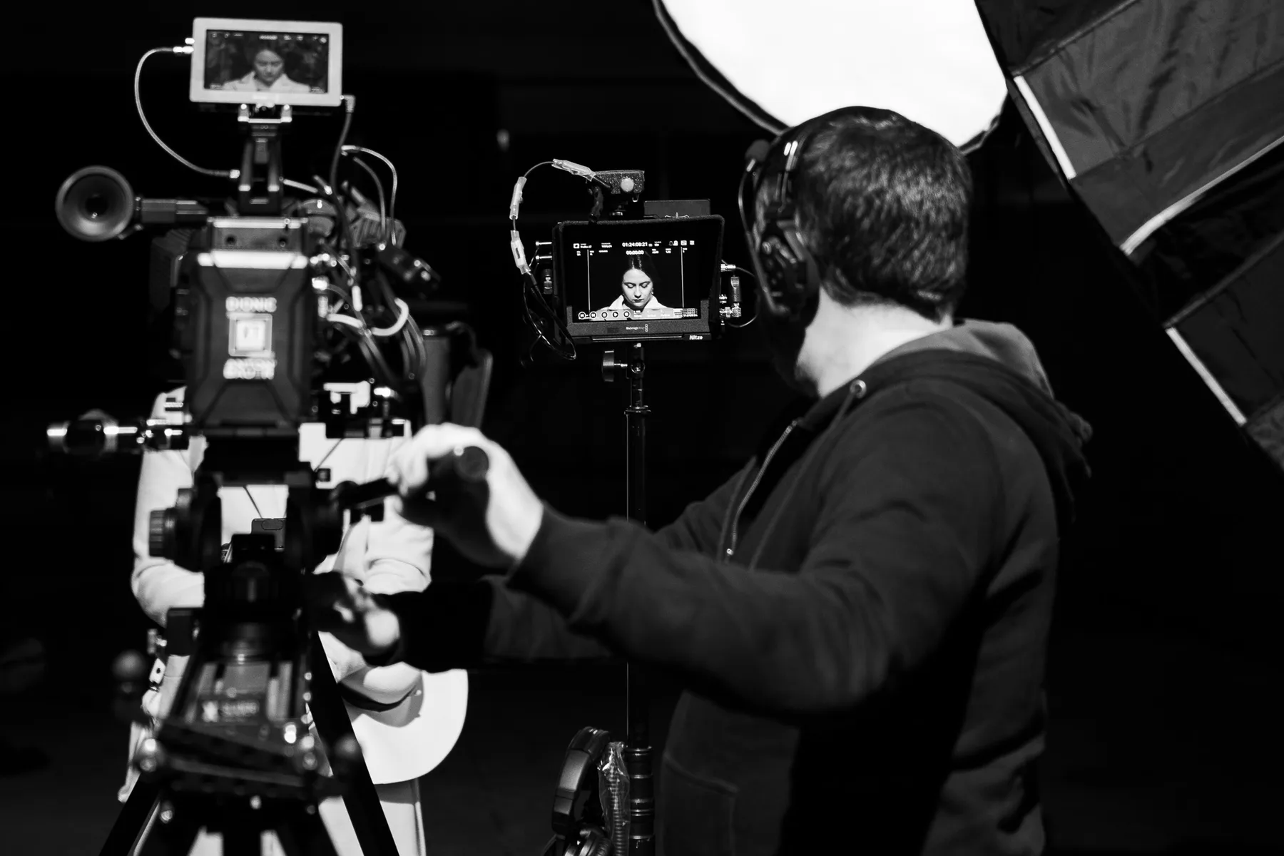 Operator watching playback on the camera monitor